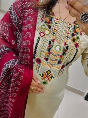 Picture of Hamim Fashion Premium Slub Cotton Stitched 3 Piece Heavy Embroidery and Gota Thread Work Intricate Design on the Sleeves