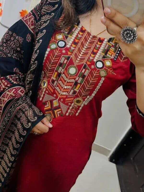 Picture of Hamim Fashion Premium Slub Cotton Stitched 3 Piece Heavy Embroidery and Gota Thread Work Intricate Design on the Sleeves