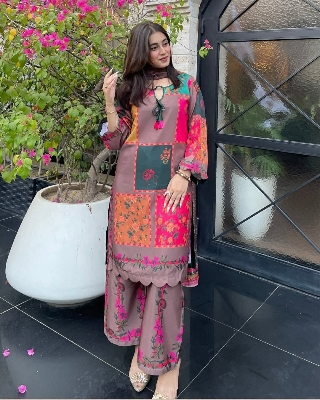 Picture of Hamim Fashion Digital Printed Stitched 3 Piece ​China Microstich Fabric With Tassle Work  - Multicolor