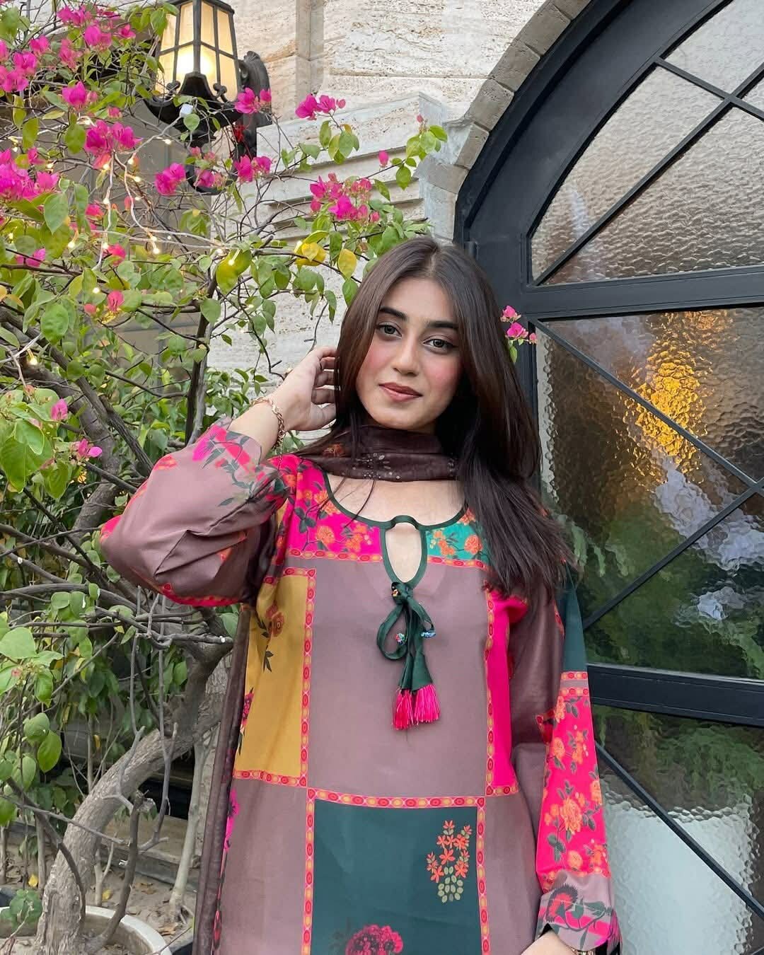 Picture of Hamim Fashion Digital Printed Stitched 3 Piece ​China Microstich Fabric With Tassle Work  - Multicolor