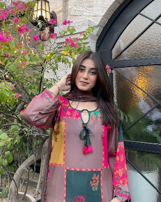 Picture of Hamim Fashion Digital Printed Stitched 3 Piece ​China Microstich Fabric With Tassle Work  - Multicolor