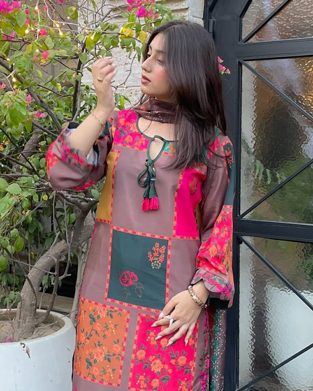Picture of Hamim Fashion Digital Printed Stitched 3 Piece ​China Microstich Fabric With Tassle Work  - Multicolor