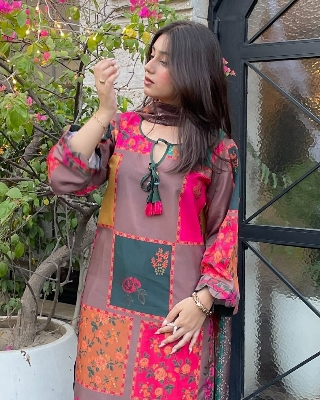 Picture of Hamim Fashion Digital Printed Stitched 3 Piece ​China Microstich Fabric With Tassle Work  - Multicolor