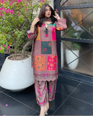 Picture of Hamim Fashion Digital Printed Stitched 3 Piece ​China Microstich Fabric With Tassle Work  - Multicolor