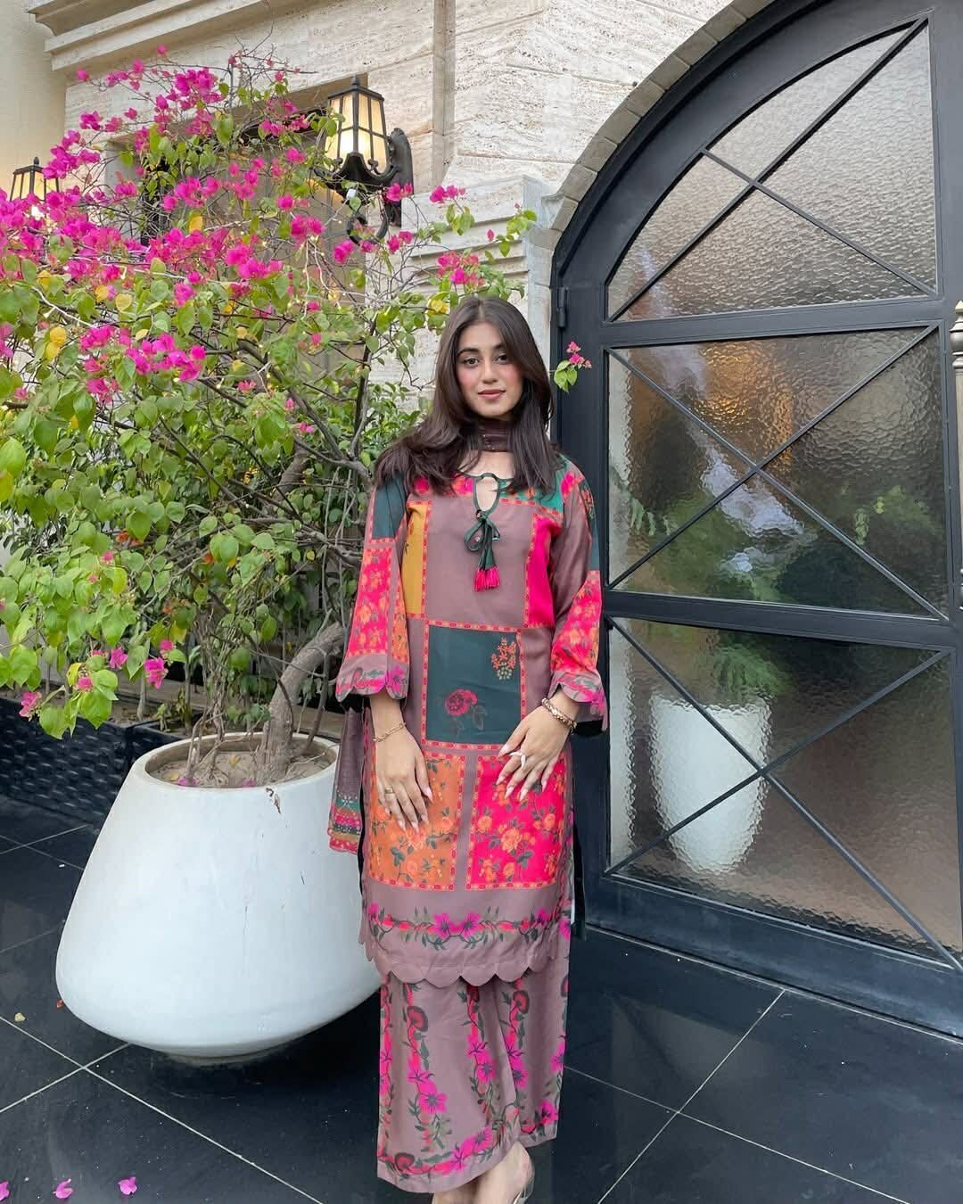Picture of Hamim Fashion Digital Printed Stitched 3 Piece ​China Microstich Fabric With Tassle Work  - Multicolor