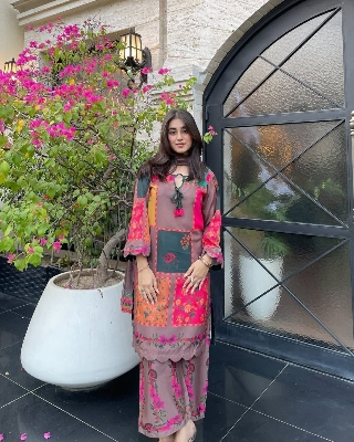 Picture of Hamim Fashion Digital Printed Stitched 3 Piece ​China Microstich Fabric With Tassle Work  - Multicolor
