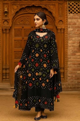Picture of Hamim Fashion Vip Lilen Stitched 3 piece with Lace and Tassle Work  - Black