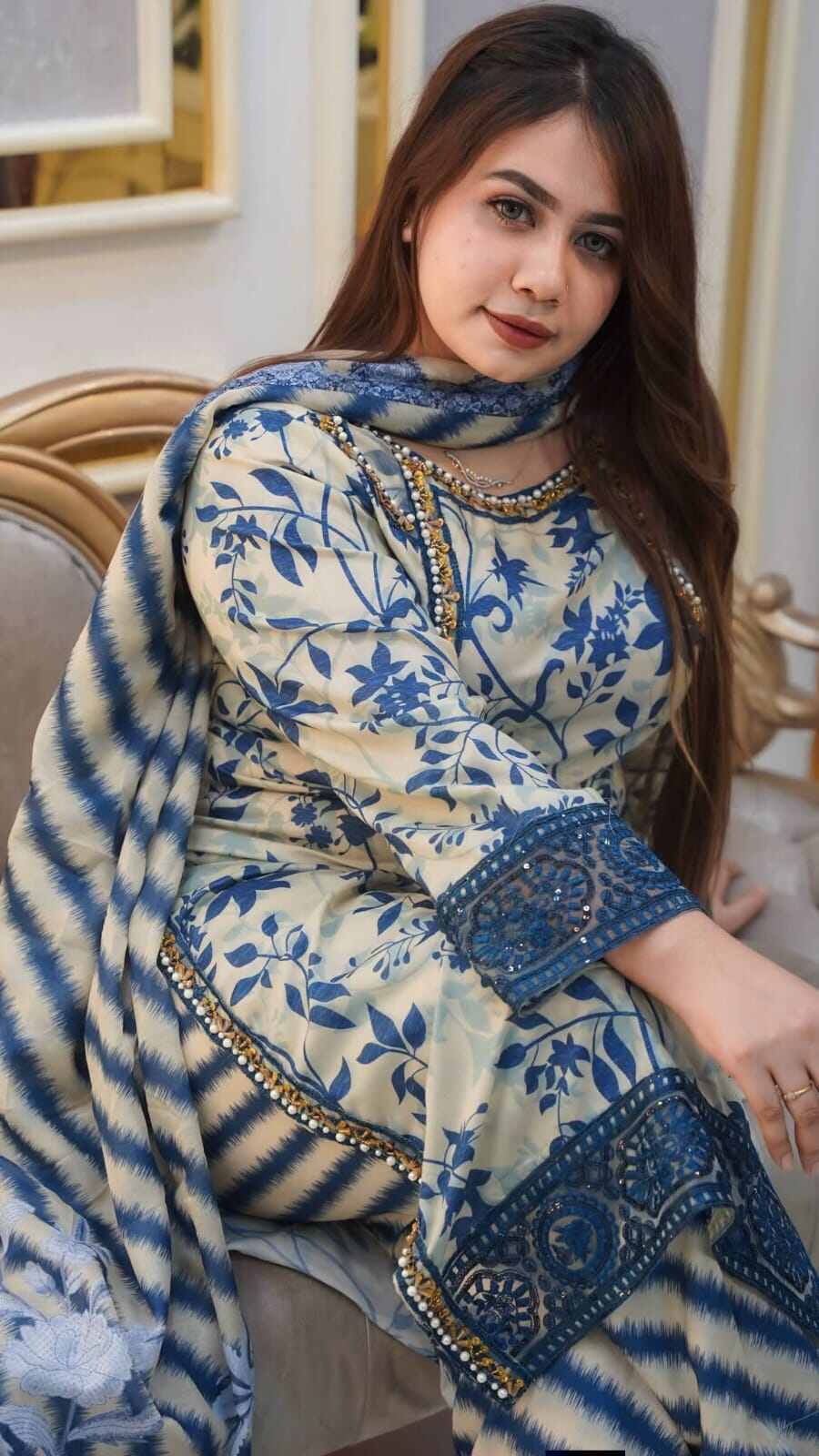 Picture of Hamim Fashion Digital Printed Stitched 3 Piece ​China Microstich Fabric with Lace Work  - Multicolor
