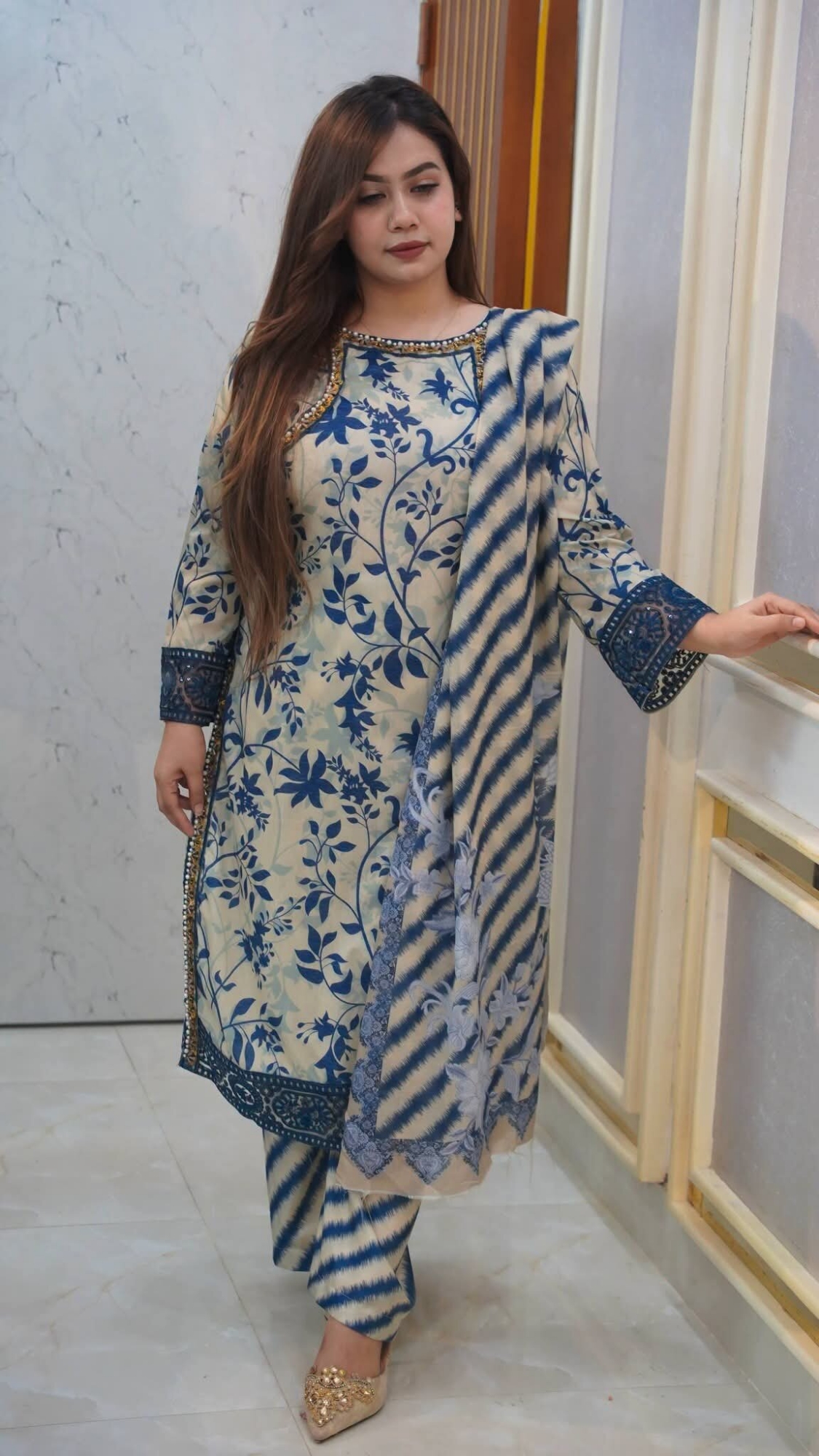 Picture of Hamim Fashion Digital Printed Stitched 3 Piece ​China Microstich Fabric with Lace Work  - Multicolor