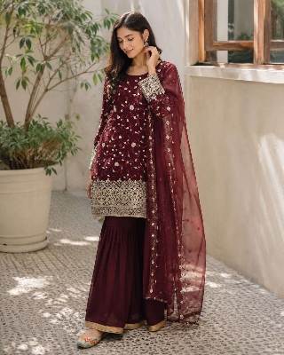 Picture of Hamim Fashion Stitched 3 piece Gharara with Sequence & Embroidery Work  - Maroon
