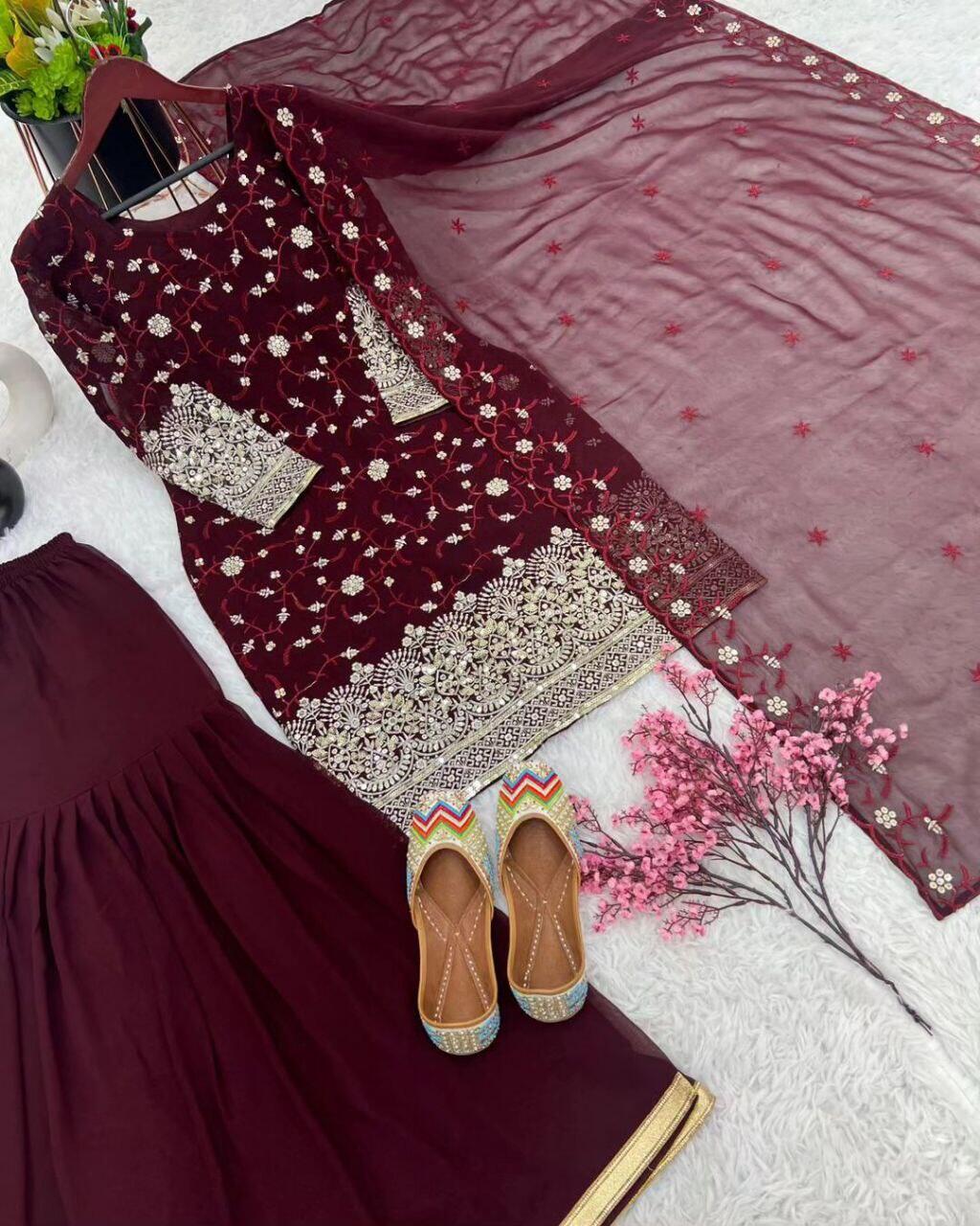 Picture of Hamim Fashion Stitched 3 piece Gharara with Sequence & Embroidery Work  - Maroon