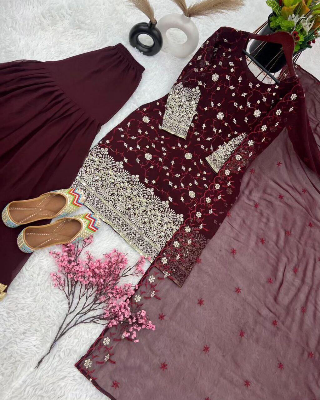 Picture of Hamim Fashion Stitched 3 piece Gharara with Sequence & Embroidery Work  - Maroon