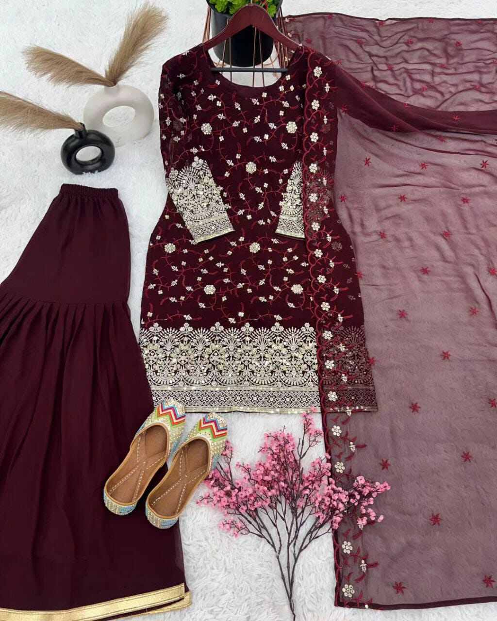 Picture of Hamim Fashion Stitched 3 piece Gharara with Sequence & Embroidery Work  - Maroon