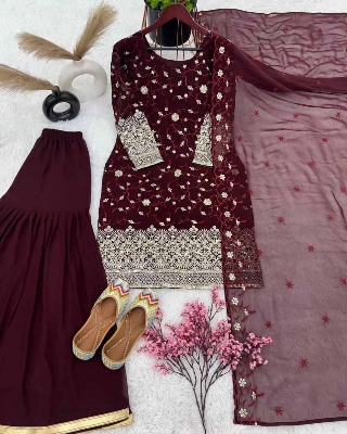 Picture of Hamim Fashion Stitched 3 piece Gharara with Sequence & Embroidery Work  - Maroon