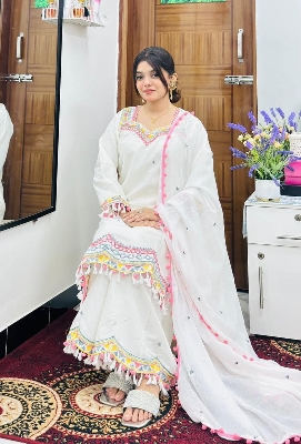 Picture of Hamim Fashion Cotton Stitched 3 piece with Embroidery Work  - White