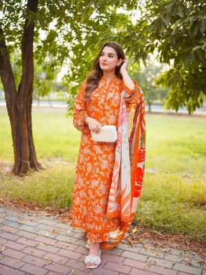 Picture of Hamim Fashion Digital Printed Stitched 3 Piece ​China Microstich Fabric with Lace Work  - Multicolor