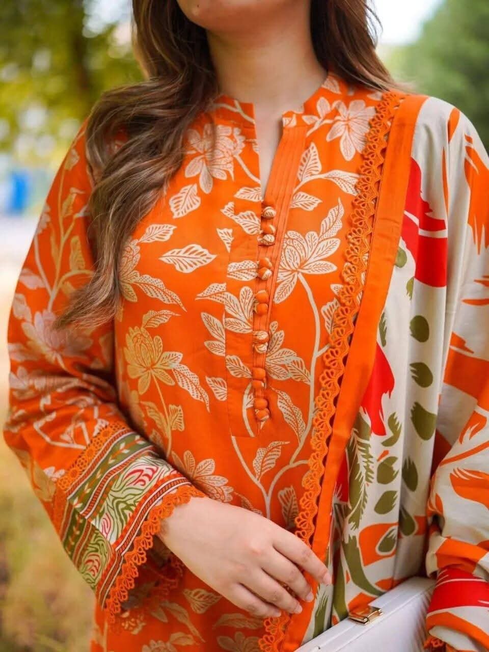 Picture of Hamim Fashion Digital Printed Stitched 3 Piece ​China Microstich Fabric with Lace Work  - Multicolor