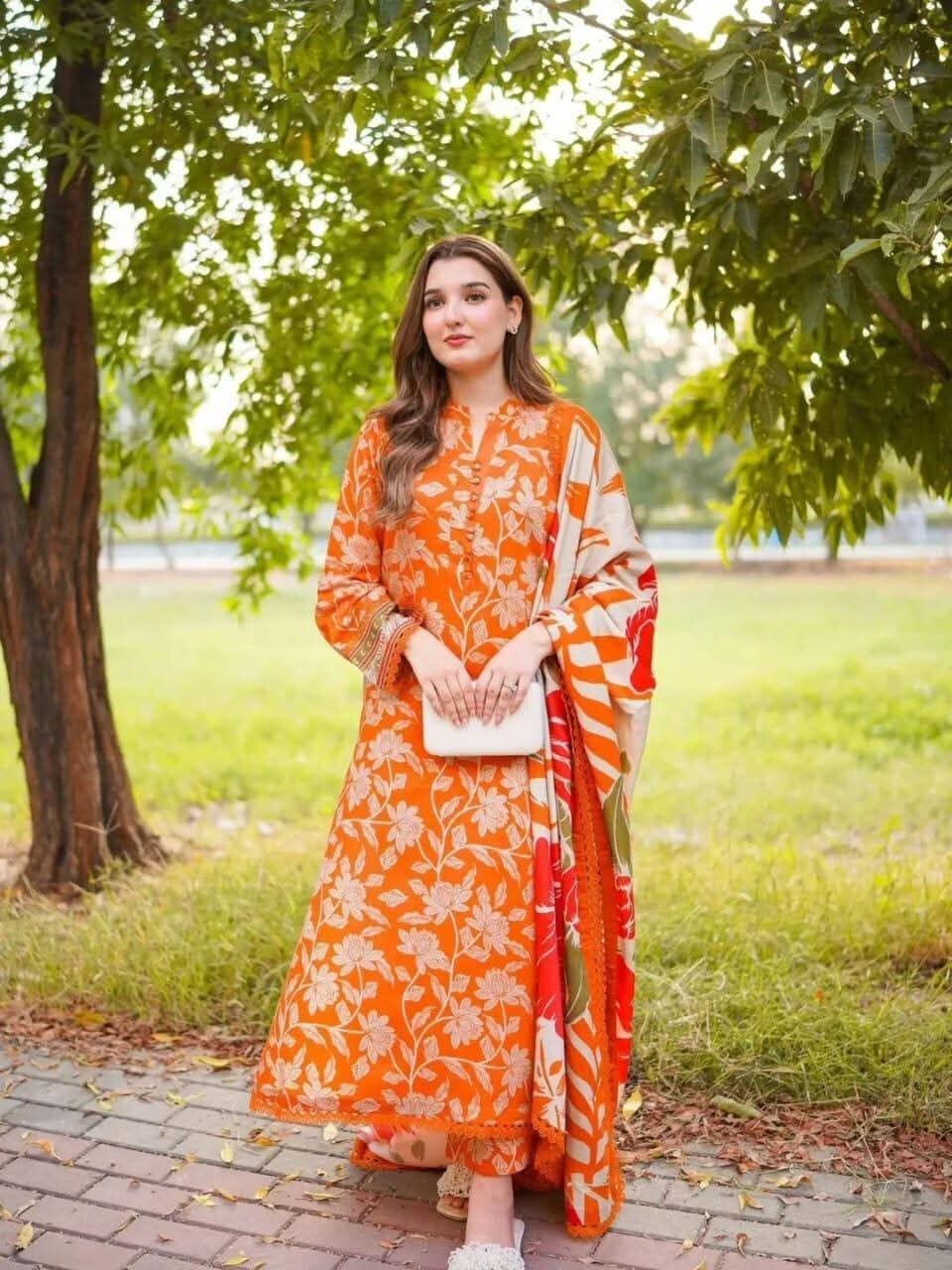 Picture of Hamim Fashion Digital Printed Stitched 3 Piece ​China Microstich Fabric with Lace Work  - Multicolor
