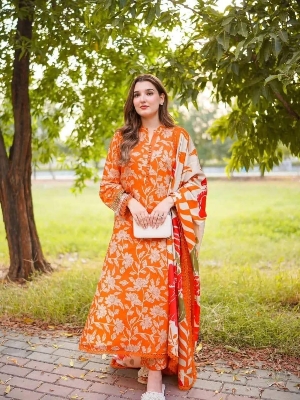 Picture of Hamim Fashion Digital Printed Stitched 3 Piece ​China Microstich Fabric with Lace Work  - Multicolor