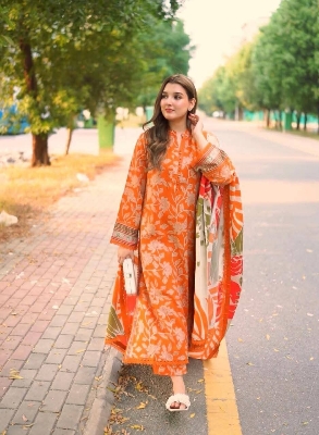 Picture of Hamim Fashion Digital Printed Stitched 3 Piece ​China Microstich Fabric with Lace Work  - Multicolor