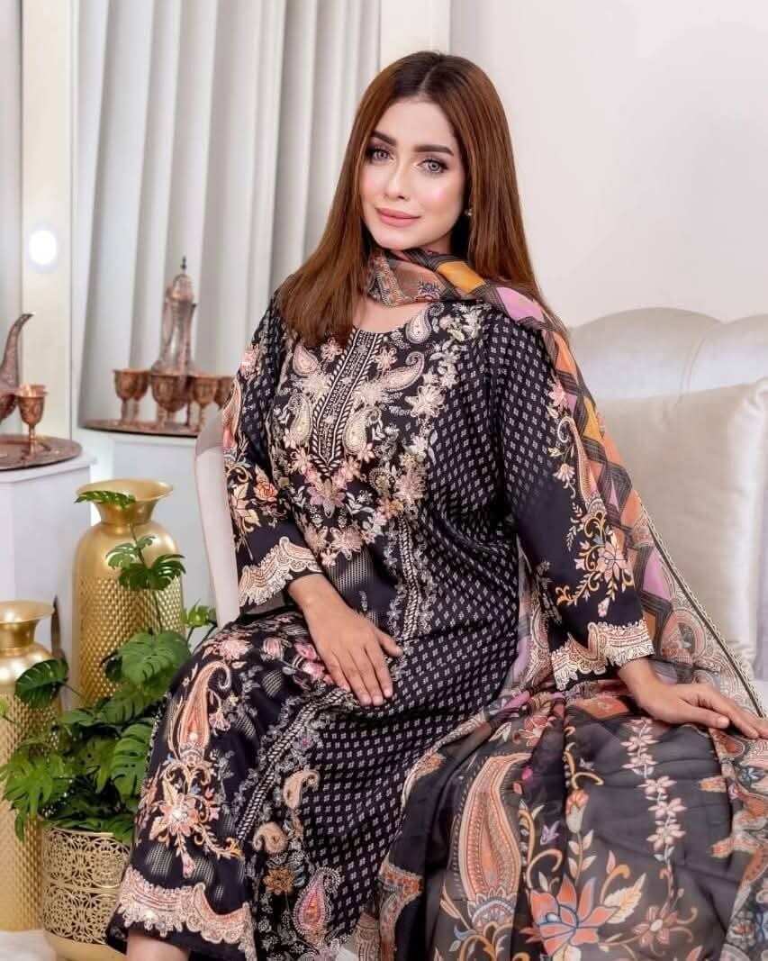 Picture of Hamim Fashion Digital Printed Stitched 3 Piece ​China Microstich Fabric with Ari & Dollar Work  - Black