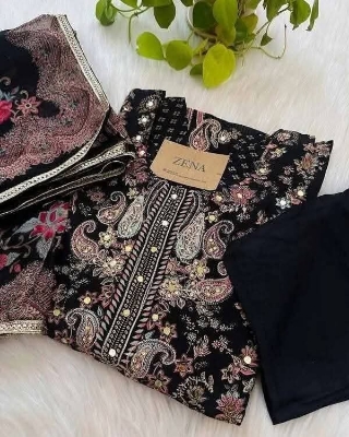 Picture of Hamim Fashion Digital Printed Stitched 3 Piece ​China Microstich Fabric with Ari & Dollar Work  - Black