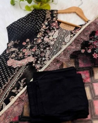 Picture of Hamim Fashion Digital Printed Stitched 3 Piece ​China Microstich Fabric with Ari & Dollar Work  - Black