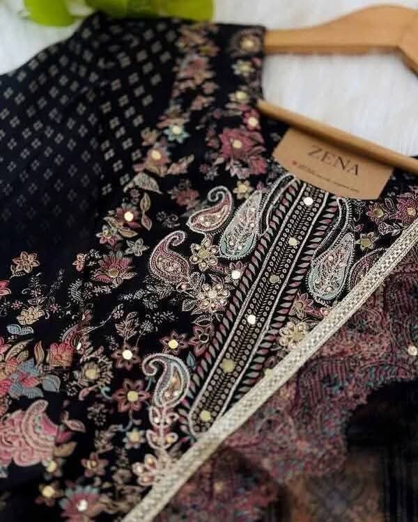Picture of Hamim Fashion Digital Printed Stitched 3 Piece ​China Microstich Fabric with Ari & Dollar Work  - Black