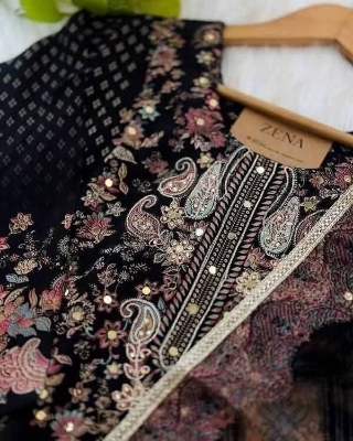Picture of Hamim Fashion Digital Printed Stitched 3 Piece ​China Microstich Fabric with Ari & Dollar Work  - Black