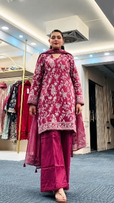 Picture of Hamim Fashion Digital Printed Stitched 3 Piece ​China Microstich Fabric with Lace Work - Maroon