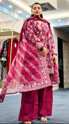 Picture of Hamim Fashion Digital Printed Stitched 3 Piece ​China Microstich Fabric with Lace Work - Maroon