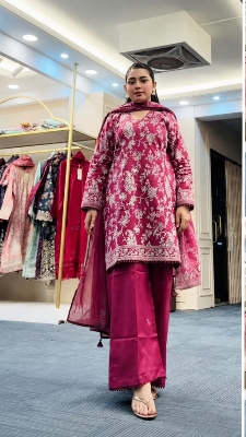 Picture of Hamim Fashion Digital Printed Stitched 3 Piece ​China Microstich Fabric with Lace Work - Maroon