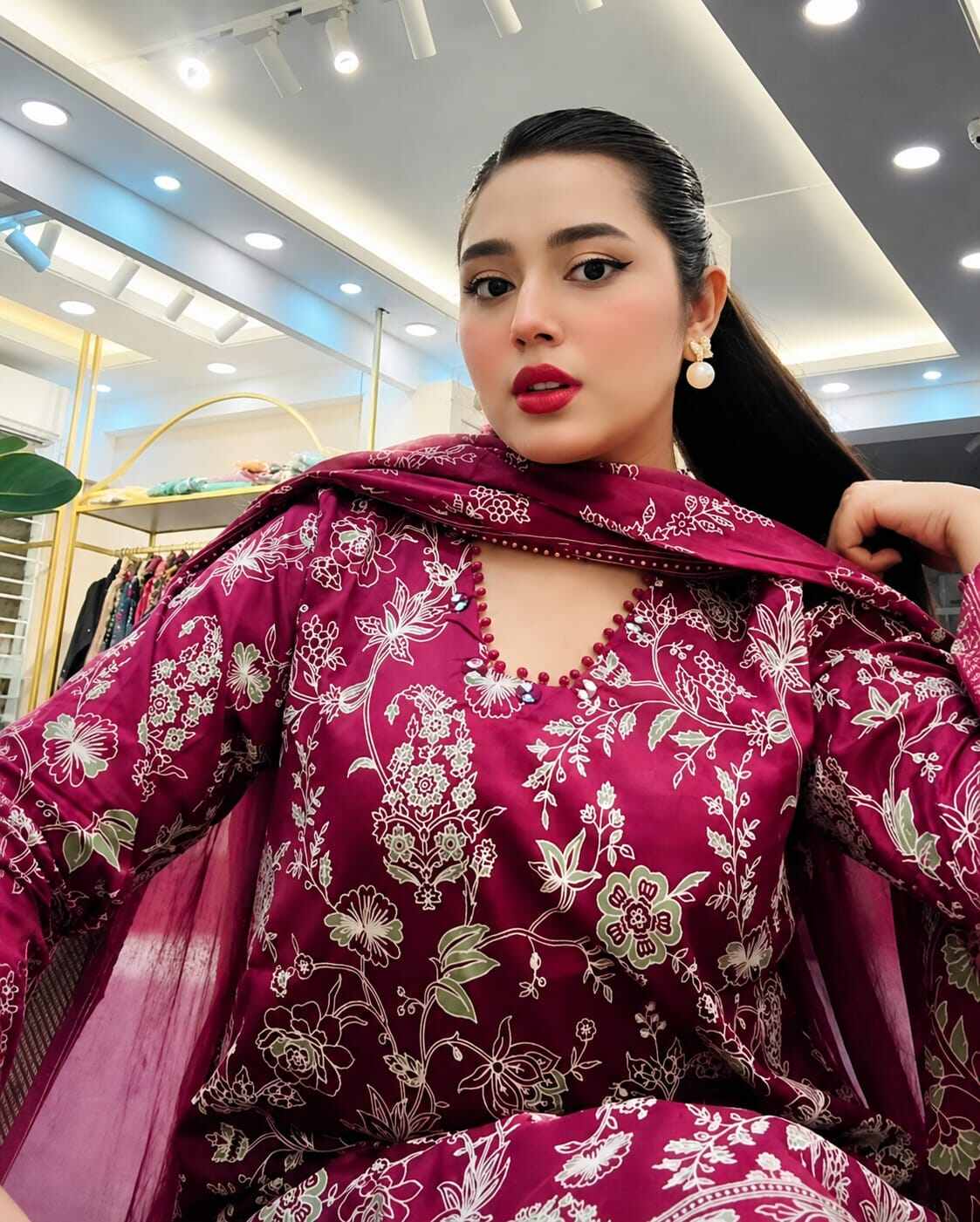 Picture of Hamim Fashion Digital Printed Stitched 3 Piece ​China Microstich Fabric with Lace Work - Maroon