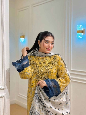 Picture of Hamim Fashion Digital Printed Stitched 3 Piece ​China Microstich Fabric with Lace Work  - Multicolor