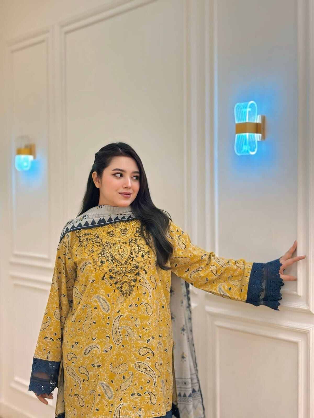 Picture of Hamim Fashion Digital Printed Stitched 3 Piece ​China Microstich Fabric with Lace Work  - Multicolor