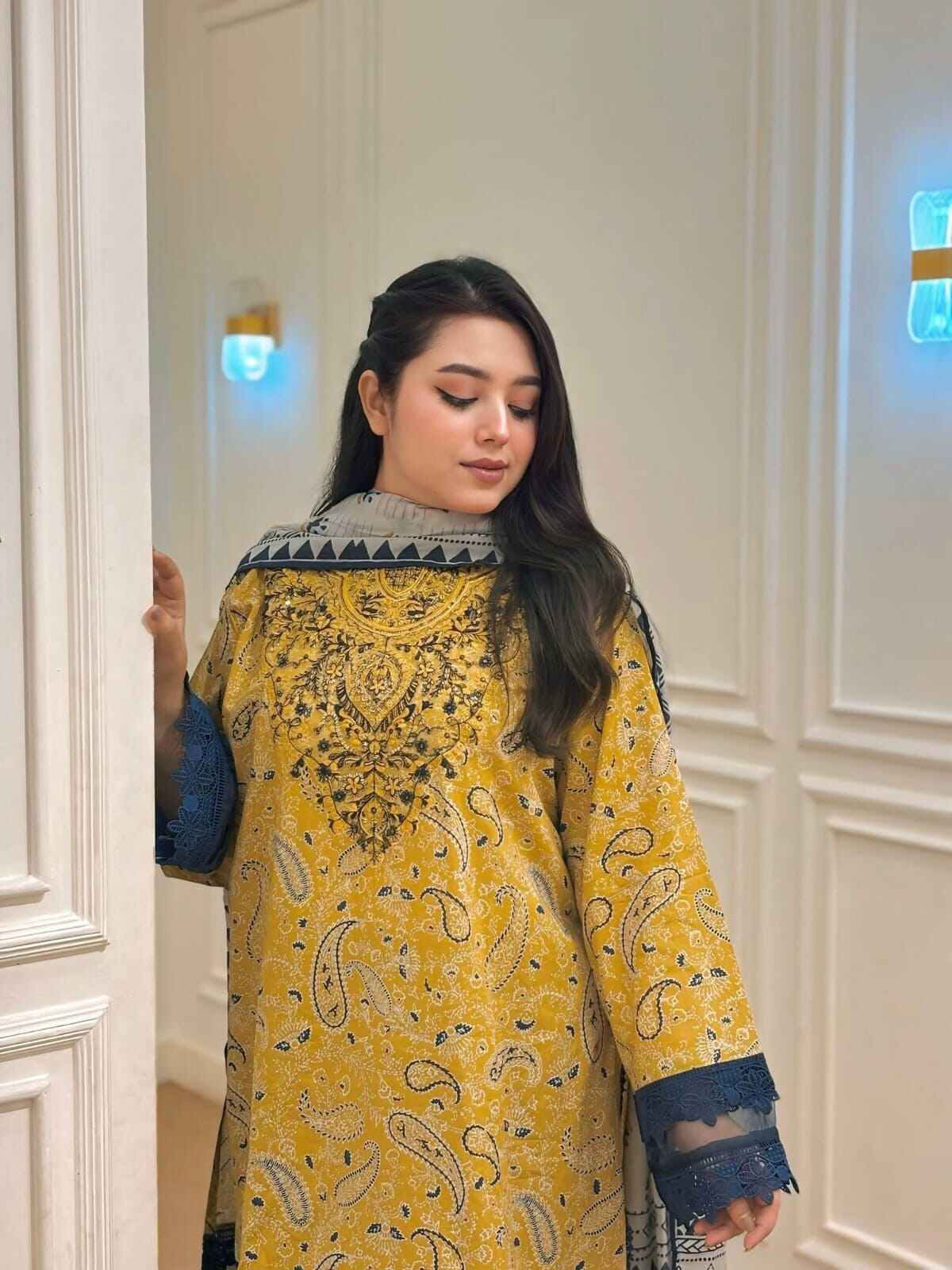 Picture of Hamim Fashion Digital Printed Stitched 3 Piece ​China Microstich Fabric with Lace Work  - Multicolor