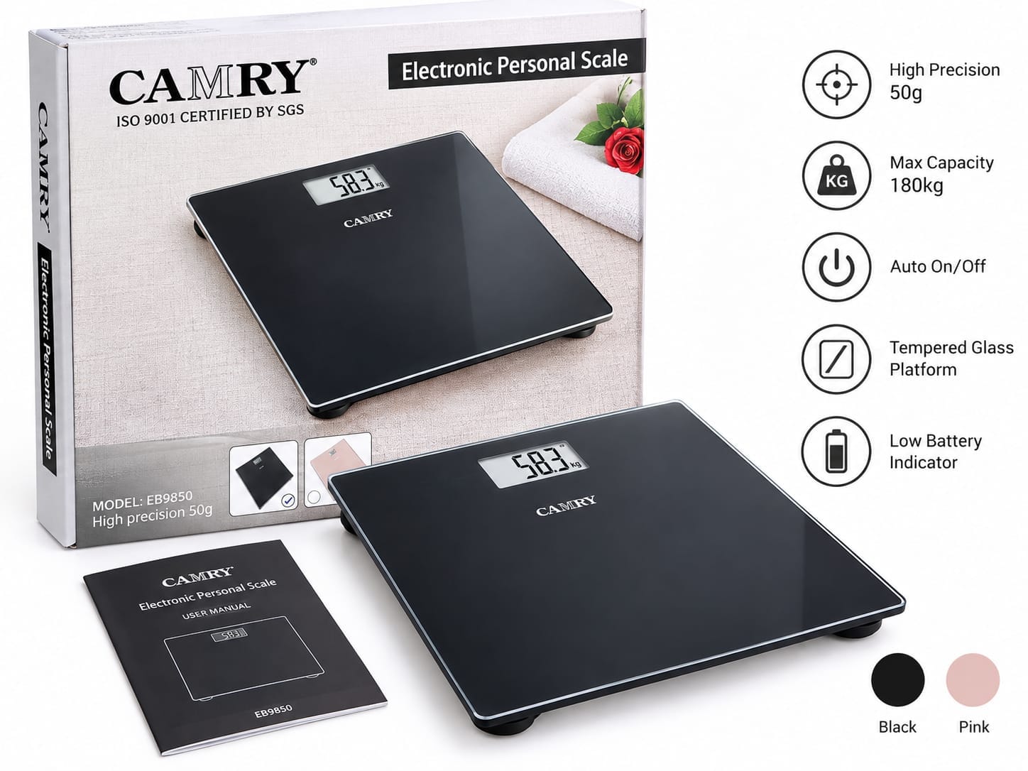Picture of CAMRY EB9850 Premium Electronic Personal Weighing Scale High-Precision 180kg Digital Body Weight Scale with Tempered Glass Platform, Auto On/Off & Low Battery Indicator