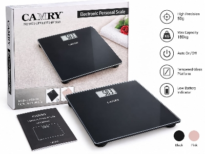 Picture of CAMRY EB9850 Premium Electronic Personal Weighing Scale High-Precision 180kg Digital Body Weight Scale with Tempered Glass Platform, Auto On/Off & Low Battery Indicator