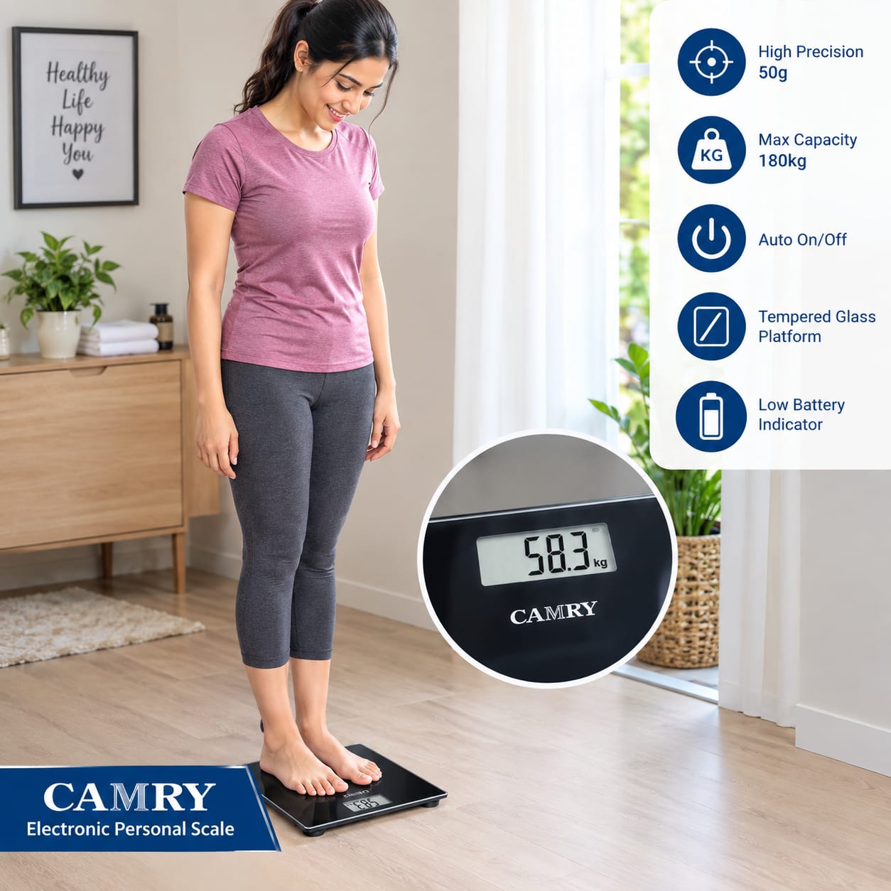 Picture of CAMRY EB9850 Premium Electronic Personal Weighing Scale High-Precision 180kg Digital Body Weight Scale with Tempered Glass Platform, Auto On/Off & Low Battery Indicator