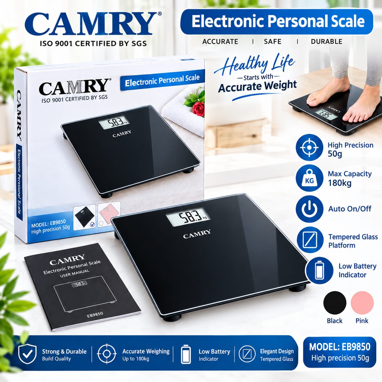 Picture of CAMRY EB9850 Premium Electronic Personal Weighing Scale High-Precision 180kg Digital Body Weight Scale with Tempered Glass Platform, Auto On/Off & Low Battery Indicator