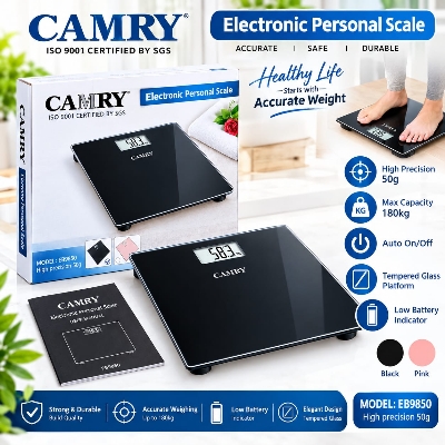 Picture of CAMRY EB9850 Premium Electronic Personal Weighing Scale High-Precision 180kg Digital Body Weight Scale with Tempered Glass Platform, Auto On/Off & Low Battery Indicator