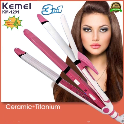 Picture of Kemei KM-1291 Ceramic Professional 3 in 1 Electric Hair Straightener Curler Styler and Crimper For Women - Multicolor