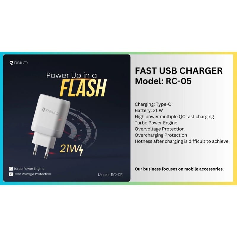 Picture of RIMLO RC-05 21W  Fast Travel Charger   For Mobile Phone  EXCEL ELECTRONICS ( Type-B, Type-C, Lightening)-White