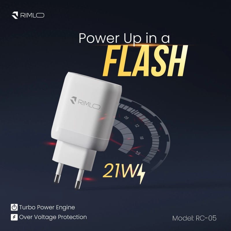 Picture of RIMLO RC-05 21W  Fast Travel Charger   For Mobile Phone  EXCEL ELECTRONICS ( Type-B, Type-C, Lightening)-White