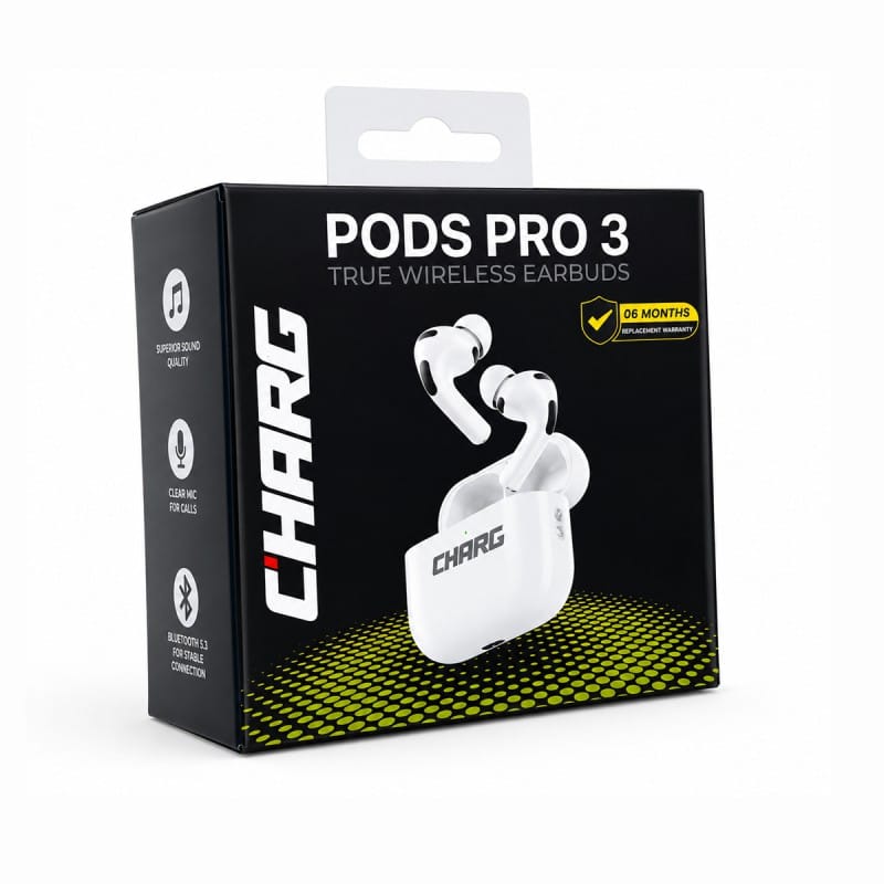 Picture of Charg Pods Pro 3 Premium Airbuds (High Quality Sound & Deep Bass, 6 Months Replacement Warranty)-White