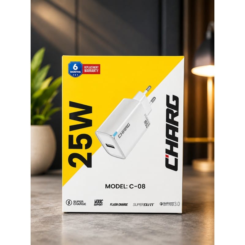 Picture of CHARG C-08 25W type-C Fast Charger | Super Fast Charging Adapter | VOOC Flash Charge | SuperDART | Qualcomm Quick Charge 3.0 | 6 Months Replacement Warranty-White