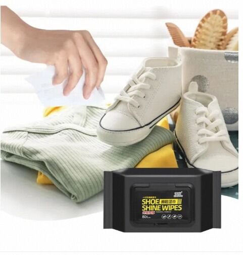 Picture of Disposable Shoe Cleaning Wet Wipes For Quick Shine Shoe Shine Cleaning Wipes, 80-Count Portable Pack, Multi-Surface Footwear Cleaner for Sneakers, Athletic and Casual Shoes-Black