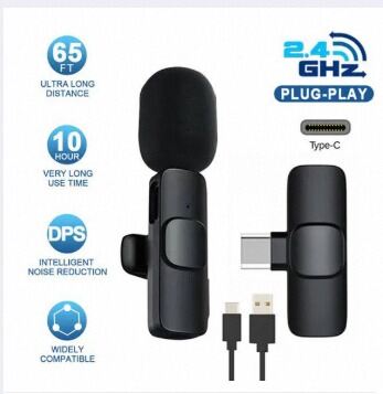 Picture of K8 Wireless Microphone for Type C with 2.4GHz Transmission, 10-Hour Battery, Noise Reduction, and 10m Range-Black