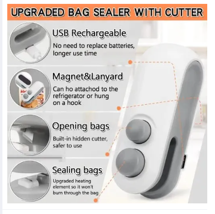 Picture of Rechargeable Mini Bag Sealer, 2-In-1 Heat Sealer with Cutter for Chip Bags, Portable Resealer Machine for Plastic Bags Replacement Spare Parts-Multicolor