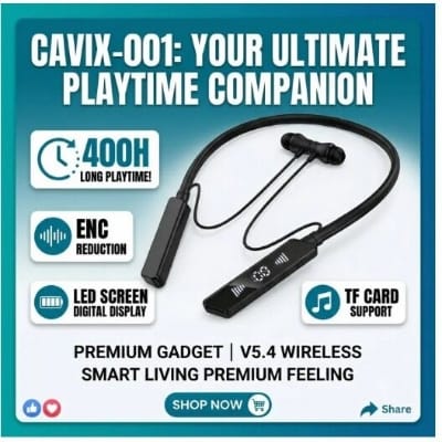 Picture of CAVIX 001 Neckband Bluetooth Earphone | 400 Hours Music Time | 5 Voice Change | Magnetic ON/OFF | Bluetooth 5.4 | Memory card supported Sports Wireless Neckband with Mic-Multicolor